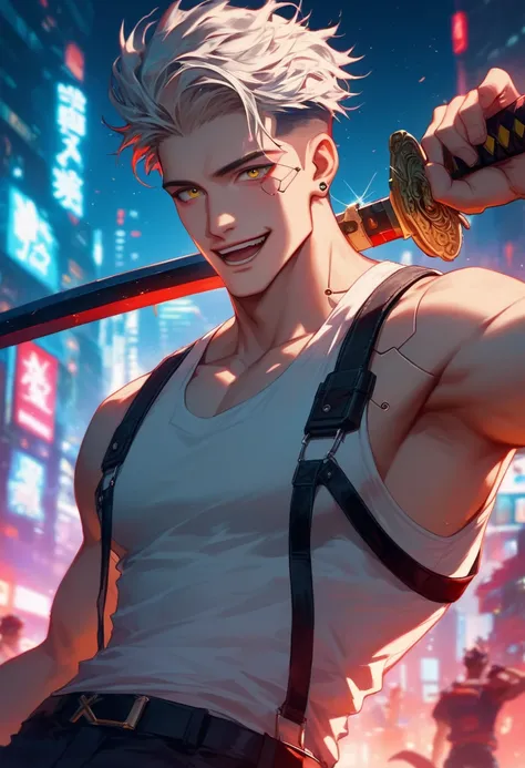  masterpiece fails,  skyscrapers in the background beautiful illustration, shanghai ,  Cyberpunk, Night, neonовые цвета, against the background of the , neon,  man with blond hair and red eyes,  wearing a white shirt and vest ,  in front of him is an Asian...