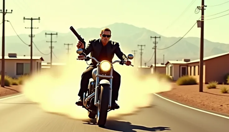 "A cybernetic humanoid wearing a black leather jacket and sunglasses rides a classic Harley-Davidson motorcycle through a dusty suburban road, holding a lever-action shotgun in one hand. The cinematic composition is styled in the trailer congelado aestheti...