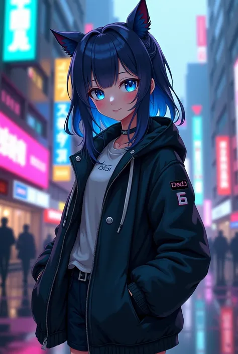 anime girl with blue eyes and a black jacket standing in a city, cyberpunk art inspired by Leng Mei, pixiv, neoism, portrait anime space cadet girl, modern cyberpunk anime, cyberpunk anime girl, anime cyberpunk art, digital cyberpunk anime art, sci-fi anim...