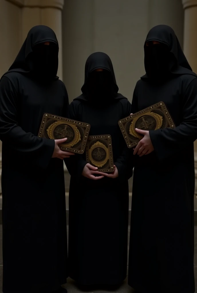 A picture of a religious group containing three people wearing black religious dress. You cant see their faces carrying beautiful books 