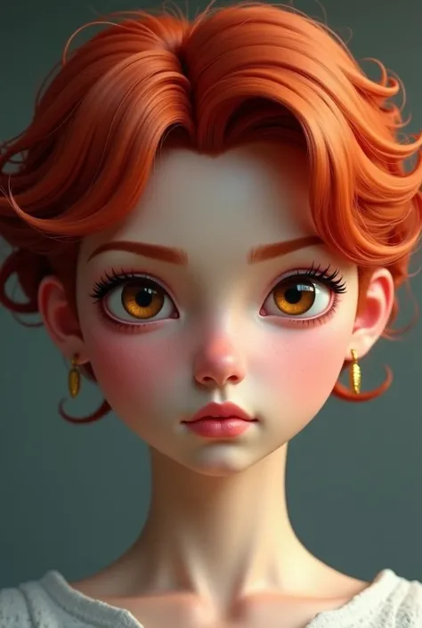 Create a beautiful girl, HUMANLY REALISTIC. your skin is white. Her hair is short and red .  Their eyes are of the thin almond-shaped type, amber color.  The girl has a serious expression on her face,  but not so exaggerated !