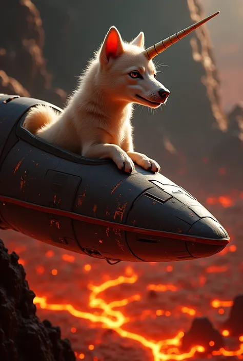 Unicorn dog with head on a spaceship over lava