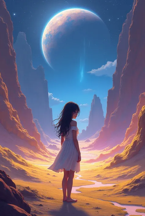 Storyline wallpaper of beautiful girl wearing loose off-dress, long messy hair, walking aimlessly. Depressed and gloomy in mid of cosmos, yellow-pink electric snow landscape, some biological features on the planet’s surface are so massive they can been see...