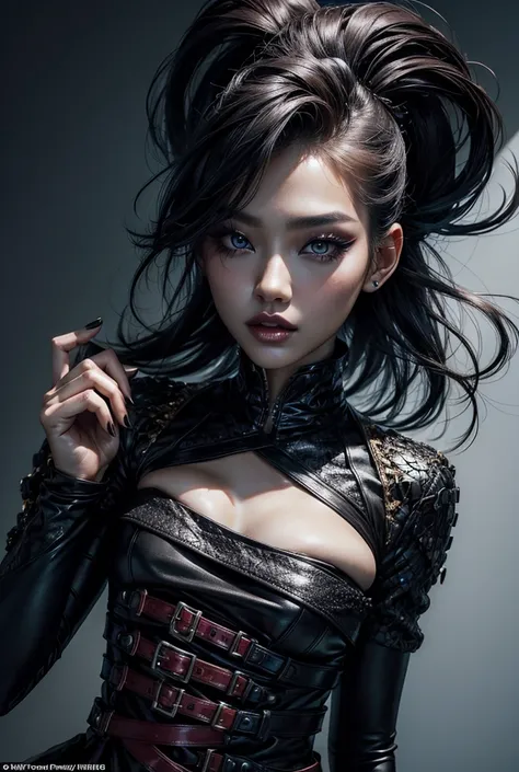 
 A super realistic high-fashion editorial shot of a Korean/Swedish supermodel with dramatic makeup and a bold hairstyle, showcasing her unique beauty and confidence, captured in a dynamic pose."
