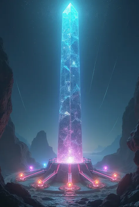 A huge magic crystal obelisk at the center ,  of it exits 12 different paths that lead to various types of circular cosmic doors, one of each color.