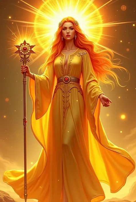 Create an illustration of Solara, the Goddess of the Sun and Prosperity. She has golden skin, radiant with sunlight, wearing a flowing robe made of sun rays. Her long, fiery hair is in shades of gold and orange. She holds a scepter with a glowing jewel, em...