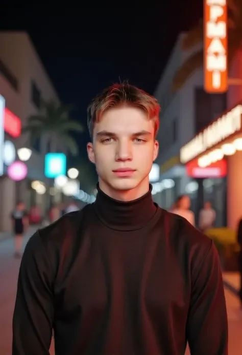 "Picture this: An 18-year-old young man stands in the foreground, the vibrant and colorful cityscape of Miami serving as his backdrop. The scene is captured in a cinematic frame, focusing on the subject with the citys eclectic energy providing a stark cont...