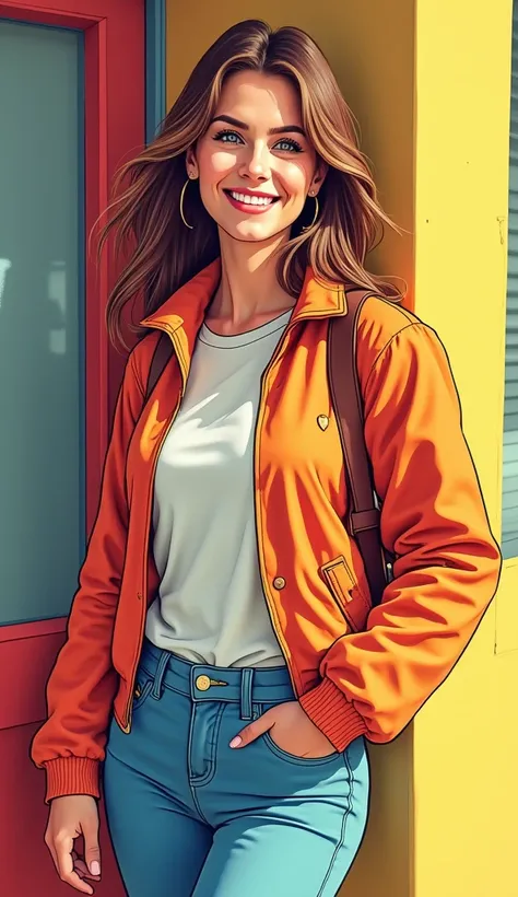 DISCREET image. with discreet casual clothes. image adult woman, american, comic book style. happy. IMAGES WITH VIBRANT COLORS.