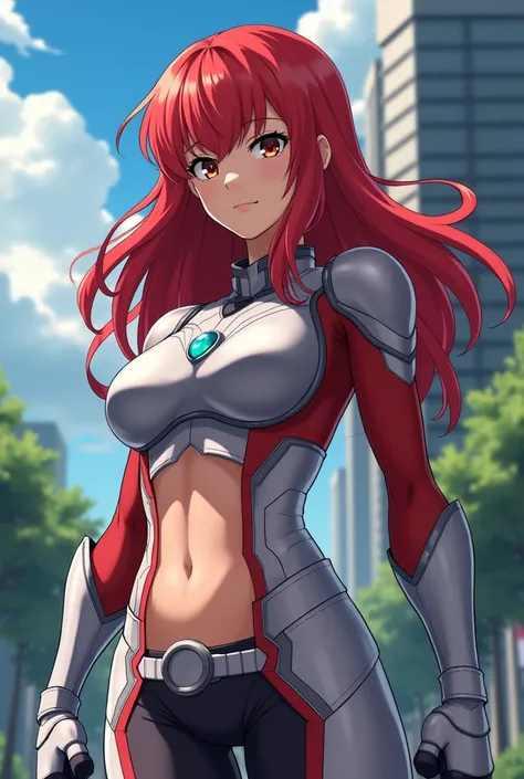 My Hero Academia Style ,   anime girl  , woman, young woman ,    full body shot  ,(  battle pose :1.3),  long hair, Red Hair,    brown eyes,  hero suit,   full body suit,   Silver suit with red and blue details,small round blue jewel in the center of the c...