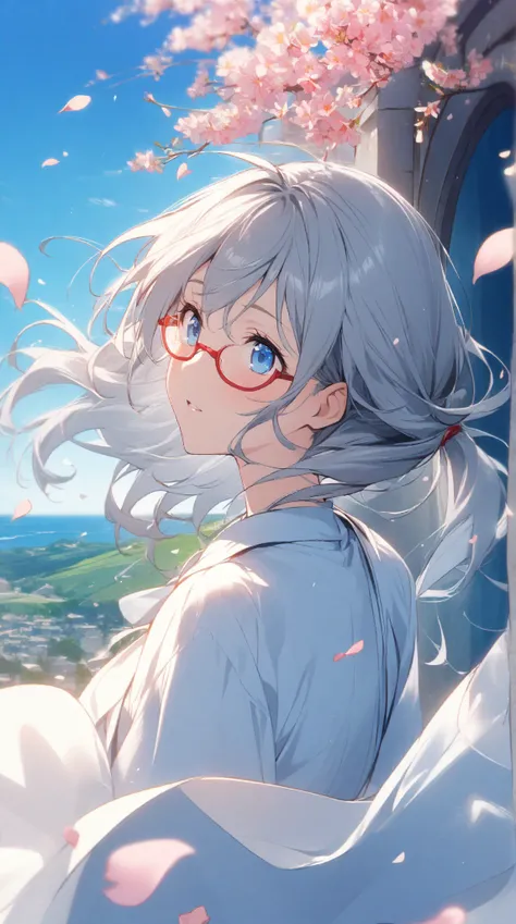 1 girl,  Grey Hair,   blue eyes, side ponytail, red rimmed glasses、spring、looks up at the 、Overlooking、Small hill、Blue sea and sky、 the wind is blowing、Hair fluttering、Lots of petals、