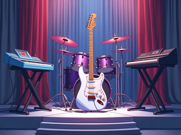 A white guitar with purple, light blue keyboard ,  purple and black drums , Gray guitar arranged on top of a theater stage.  anime style 