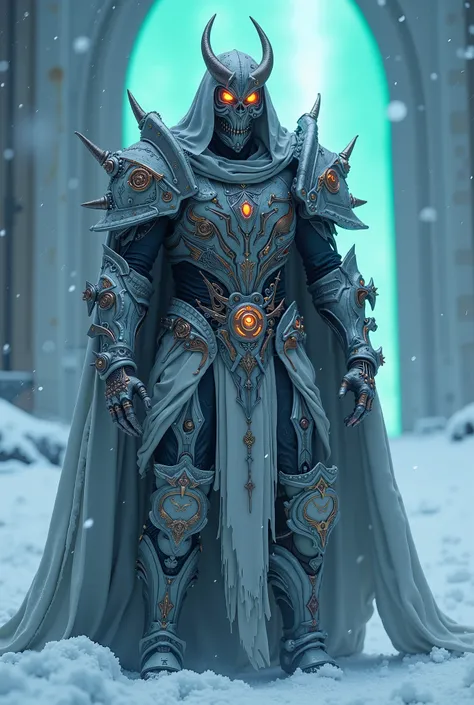 breathtaking cinematic science fiction photo of the alchemist a non human masked Grim dressed as a futuristic mythic alchemist dressed as The futuristic mythic alchemist covered in snow completely masked with no humanlike face features Futuristic Mythic be...