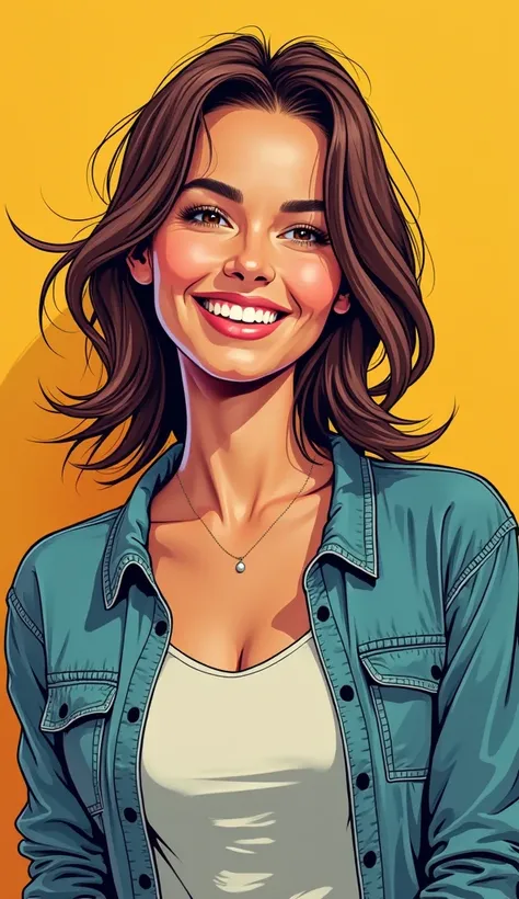 DISCREET image. with discreet casual clothes. image adult woman, american, comic book style. happy. IMAGES WITH VIBRANT COLORS.