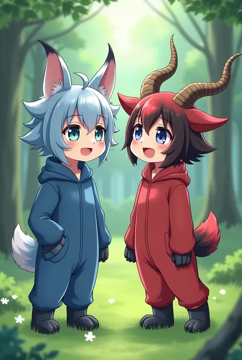 To the right: animal girl, has short hair , has long, slender ears , her fur is blue with white details , has small goat horns  , has a small furry tail ,wear a blue jumpsuit , To the left: animal girl, has short hair , has long, slender ears , her fur is ...