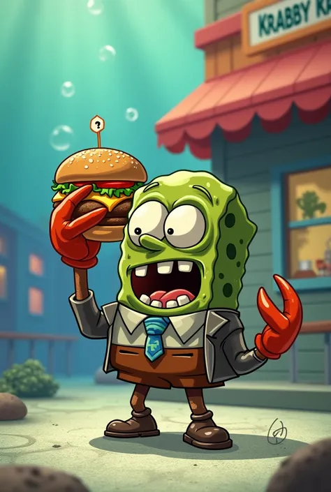 Give me an image of the SpongeBob character Plankton holding a crab burger with the secret recipe