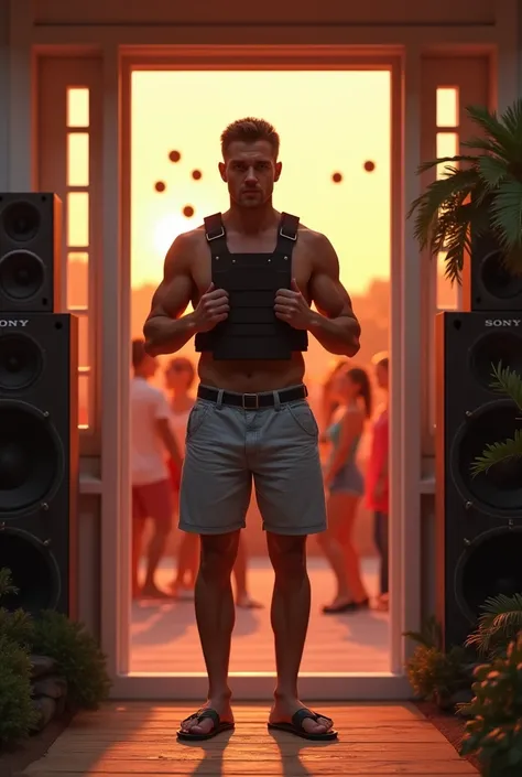 " man in shorts and flip flops putting on a bulletproof vest"  audio system at your front door at dawn .  You are also listening to music in a large  "Sony ".  Other people dance and laugh around you 