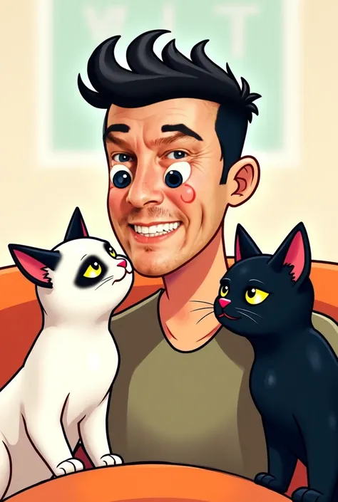 This man in the photo with very short hair with a white Siam tomcat and a black British Shorthair tomcat in a funny comic style