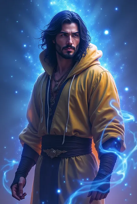  handsome Turkish Cosmic Gypsy Man from Astral ,  Ethereal green wearing a hooded tunic duochromatic yellow with hyperrealistic holographic blue light native to the lilac galaxy, High resolution 