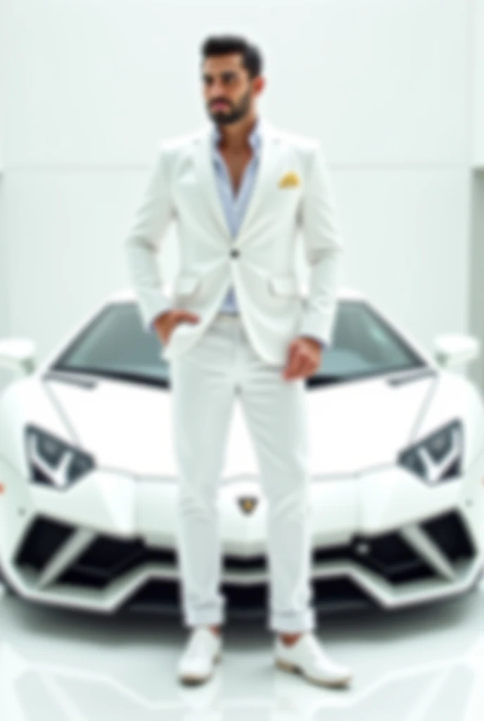 Generate an image of a handsome man wearing a white outfit with name ‘Farzan’ posing in front of a white Lambo