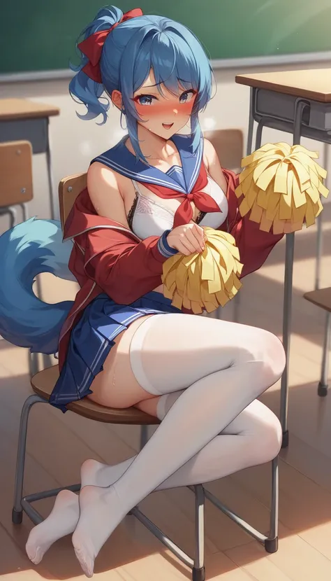  top quality 、masterpiece、 blue hair、 Twin Tail Hair、 smiles shyly、Flatty figure 、 Cheerleader Costume、 black lace bra 、 white tights、blush、 The skirt is turned over and the red undercoat is visible、 are excited、sweat、blush、classroom、Scene of changing clot...