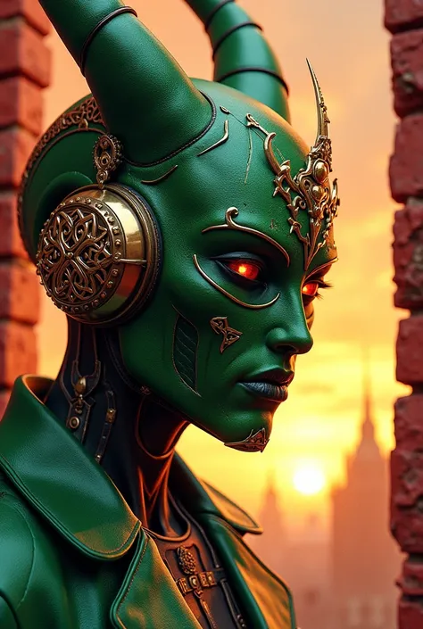 Watercolor background, oil painting style Scarecrows cyberpunk, sunset, , low-angle shot, close-up portrait, mythical being, Celtic knot patterns green leather,3D effect ultra-detailed intricate insanely doctor pest mask, , vibrant color grading,  red wood...