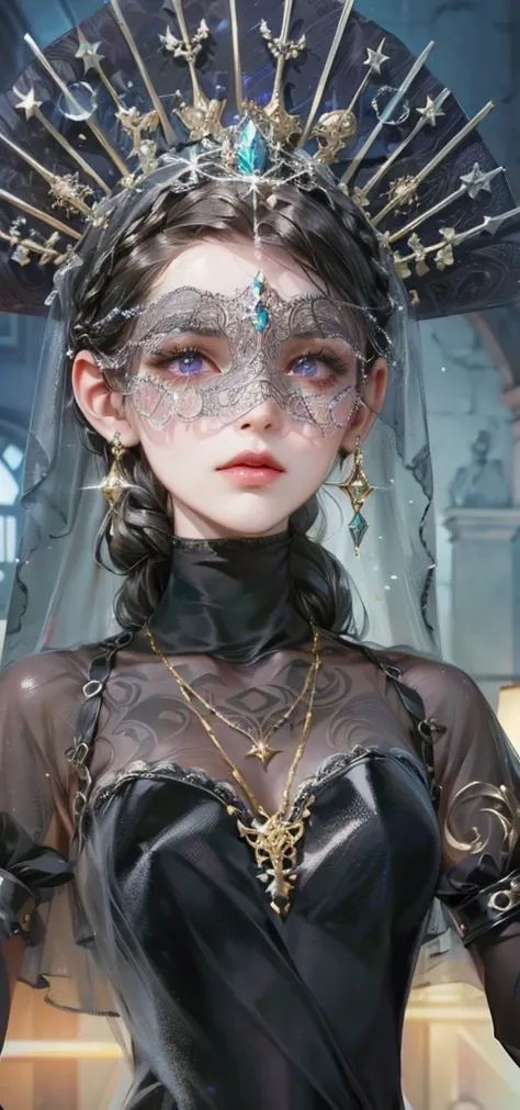 (masterpiece, top quality, best quality, official art, enchanting and aesthetic:1.2), 1female, dark hair, royal braided hair, violet eyes, black dress,  gold jewelry, high quality details, 4k eyes, dark hair, siren eyes, cold expression, masked face, cover...