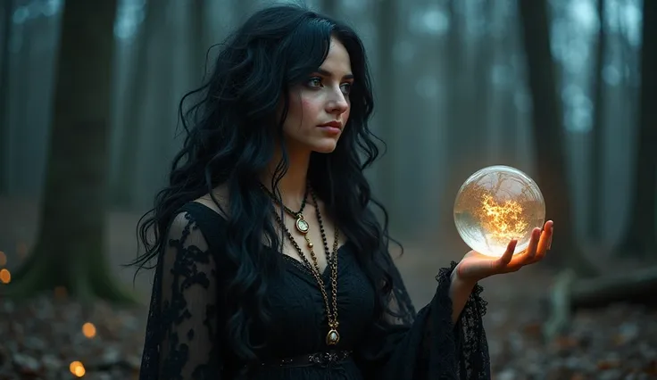 In the shadows of a moonlit forest, a beguiling witch with tangled black hair, clad in tattered lace and adorned with mismatched jewelry, stares into the distance with a knowing smile. She holds a crystal ball in one hand, its surface shimmering with myste...