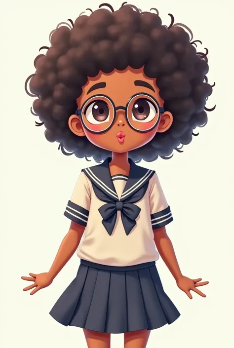 Curly haired black girl with glasses in Japanese school outfit making a kissy face at the camera 