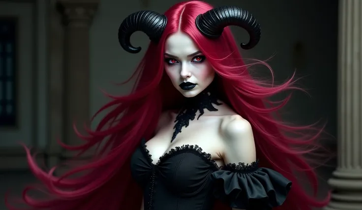  Beautiful demon with white skin ,  long dark red hair,  slightly wavy fuchsia , Red eyes , big black horns,  Gothic dress in black and wine red with ruffles, Black Make Up.