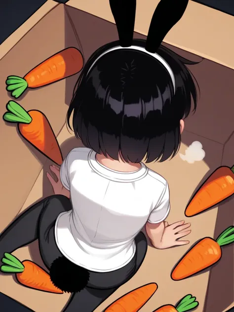 top view , hentai anime girl, realistic shadow, detailed skin, black hair, very detailed, white shirt, bright moon, masterpiece, highest quality, single woman, solo , euphoria , Fake rabbit ears , Fake rabbit tail on hip , in the box , (all fours) , (carro...