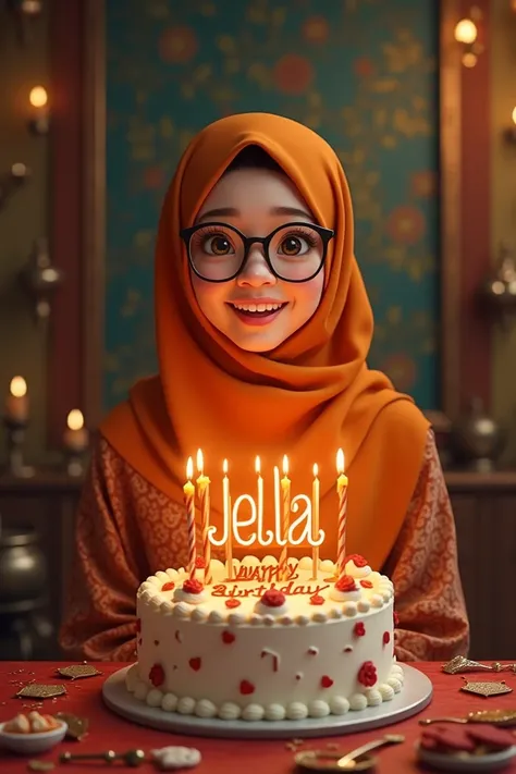 "happy birthday"  an adult Indonesian woman wearing glasses ,  is celebrating the birthday of ,  with Muslim fashion in orange hijab ,  on the birthday cake there is the inscription LELA , dan happy birthday,  and the date of birth February 21 in the room ...