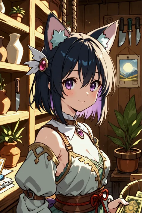  is one girl,My cat ears,kawaii,cute,fantasy clothes, little smile ,break,( Fancy Tool Store :1.3),وضعية cuteة, Collection of medicinal herbs,pottedion, Devices , Corridors , shelves , Tools Section , Devices  section,Rate, Plants ,  Fanous , Wooden Bucket...