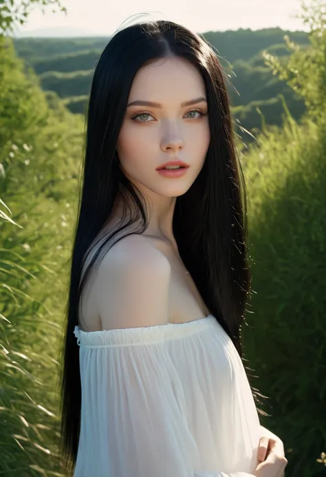 Hyperrealism Style Photo realistic girl posing for a Photo , Long black hair, Straight hair, finely detailed white pale skin, Nature lighting, Hasselblad photography, masterpiece, Light makeup, 4k, best quality