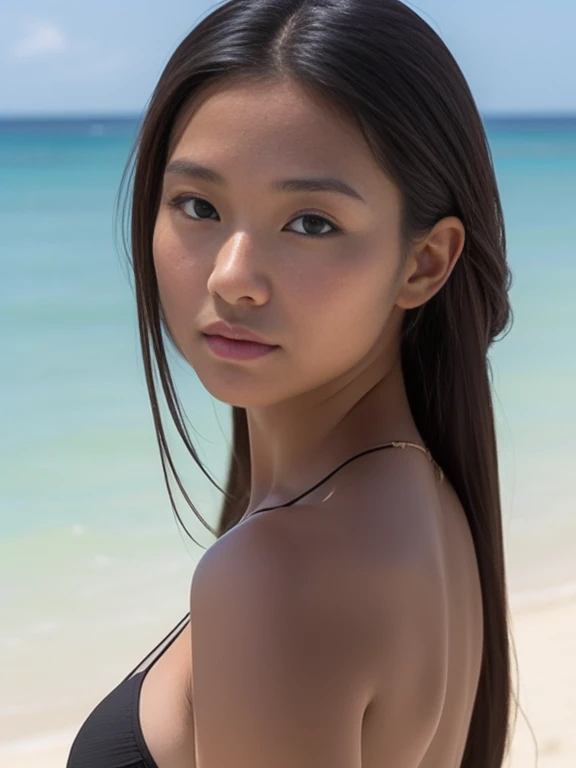 masterpiece, highest quality, Cropped in detail on the beach,Beautiful dark-skinned Japan woman,I&#39;thin、 (((big breasts:1.2))), dynamic pose, wet skin, fine skin, many layers, 8K, High resolution, dramatic shadow, sunlight, brightly colored portraits, r...