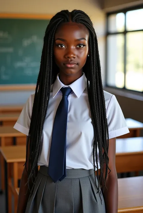 Attractive black girl with dread locs in school girl uniform 