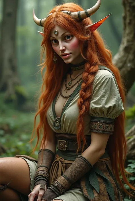  a harpy woman with reddish brown hair with braid,  honey-colored eyes ,  yellowish white skin with fabric clothes , leather and a leaf and leather skirt 