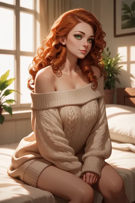  beautiful woman, sitting on bed, wearing loose off-shoulder oversized sweater, long curly hair ginger, indoors, soft lighting, plants in background, window with sunlight, cozy room, relaxed pose, realistic, intricate details, warm colors,green eyes,