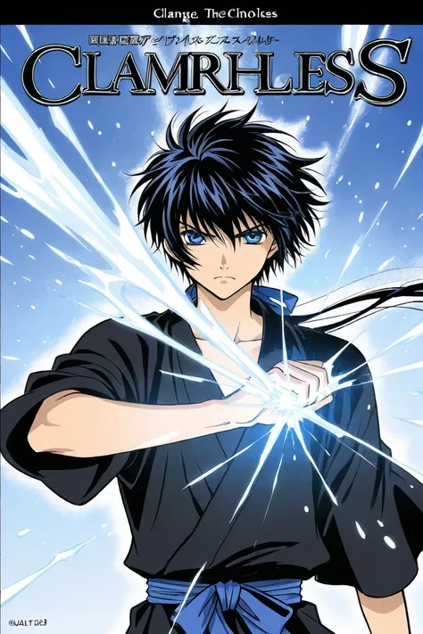 Tall 23 year-old boy with Black hair, light cold blue eyes, bad tempered but blushing, wearing black clothes. The boy is serious. CLAMP Tsubasa Chronicles drawing style. Manga cover.