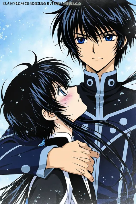 Tall 23 year-old boy with Black hair, light cold blue eyes, bad tempered but blushing, wearing black clothes. The boy is serious. CLAMP Tsubasa Chronicles drawing style. Manga cover.