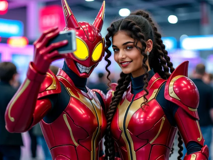 " Tanned skinned brunette woman ,  curly hair in long and bulky braids ,  is dressed as a female Kamen Rider ,  taking a selfie together at a cosplay event play .  The armor is based on an extended canid and has a unique design ,  completely enclosed and h...