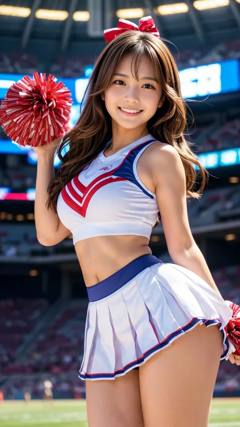 a beautiful cheerleader with long brown hair,japanese female,a cute face,and a big smile,wearing a sports uniform with a very short pleated mini skirt,holding large pompoms in both hands,posing in a stadium background,with highly detailed anatomy,realistic...