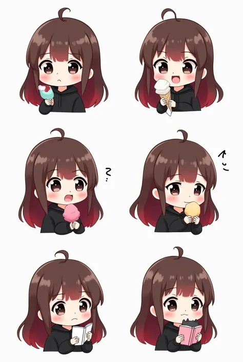  6 emotes of an adorable chibi with long brown hair ,   plain and the tips dyed red .   The character has traits that reflect sweetness and charisma ,   with large expressive eyes that capture different emotions and activities.   The expressions and action...