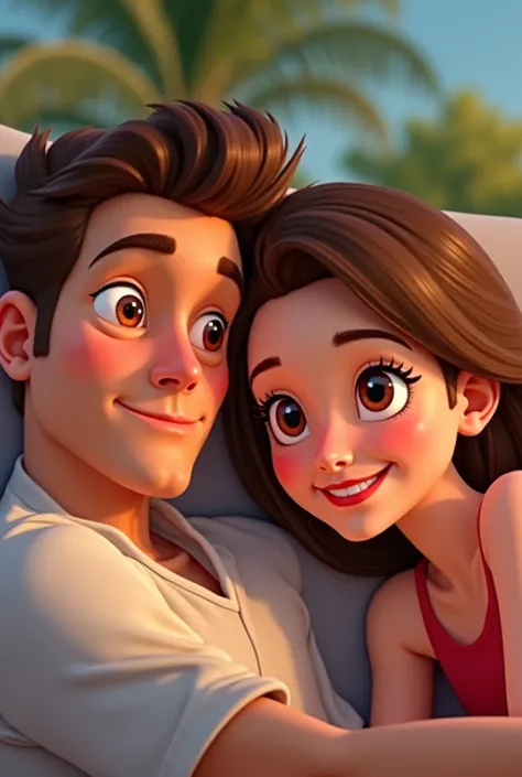 A Disney-like image of a couple lying on a patio ,  the woman only shows their brown eyes and you can see a tuft of brown hair and the man shows his brown eyes and you can tell his brown hair they are taking a picture only of their eyes 