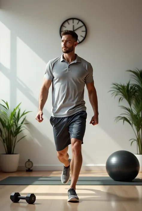  Do Short But Effective Routines ⏳ :  15-30 minute workouts can be just as powerful.  Try cardio circuits , strength and stretching . (LET THE IMAGE BE OF A MAN BUT WEARING A POLO SHIRT AND SHORTS)