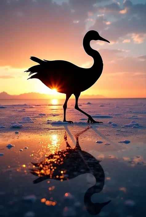 Une silhouette dynamique dun manchot empereur battant des ailes,((silhouette mise au point)),Manchot empereur、Revendication dombre、Forme dombre parfaite、Projetant une ombre proéminente sur la glace,fisheye,Placé dans lArctique pendant le coucher de soleil....