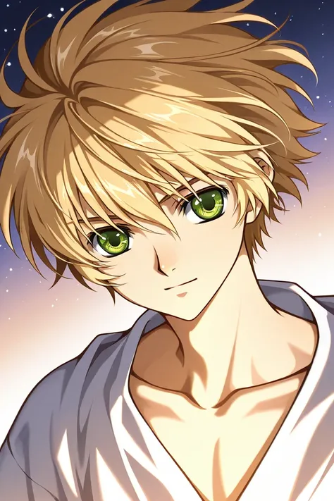 Tall 23 year-old one boy with dark blonde hair, light warm green eyes, kind and friendly, wearing white clothes. CLAMP Tsubasa Chronicles drawing style. 