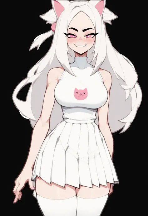 score_9, score_8_up, score_7_up, source_anime, best quality, clear face,skinny cute girl, white hair, pink eyes, long hair, large breasts, perfect body, looking at , cute embrassed,smug smile,blush,wearing white shirt,white pleated,view skirt ,big tit,hot,...