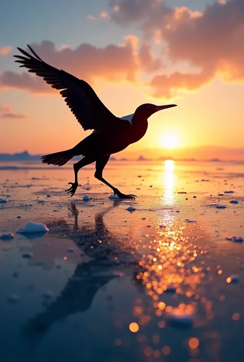 Une silhouette dynamique dun manchot empereur battant des ailes,((silhouette mise au point)),Manchot empereur、Revendication dombre、Forme dombre parfaite、Projetant une ombre proéminente sur la glace,fisheye,Placé dans lArctique pendant le coucher de soleil....