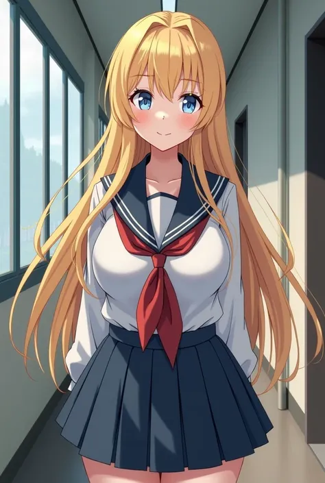  Blonde girl with long hair,  sky blue eyes, with very large breasts, curvilinear,  big butt clothing, In sexy Japanese schoolwear