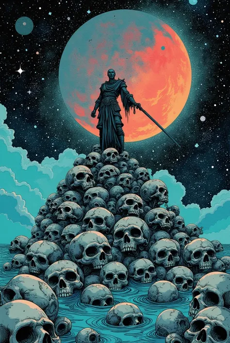 comic book panel 。A mad warrior climbing a mountain of skulls,Mountain made of skulls , Lovecraft Illustrations , Lovecraft Art , HP Lovecraft Style , Space and ocean horror illustration ,  lovecraftian Inspiration ,  Mixed Venom and Cthulhu , Lovecraft Ba...